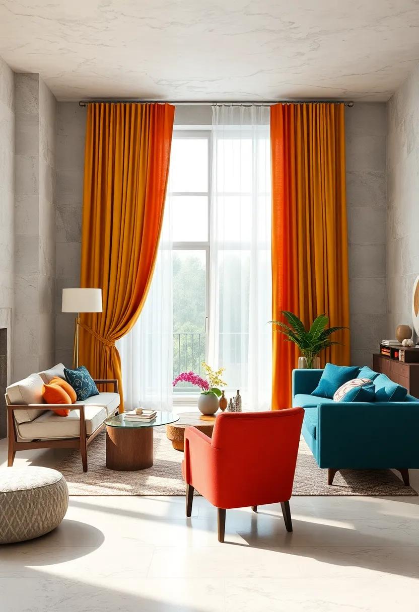 Melding Classic Mid-Century Drapery Styles With Colorful Eclectic Curtains For Dramatic Effect