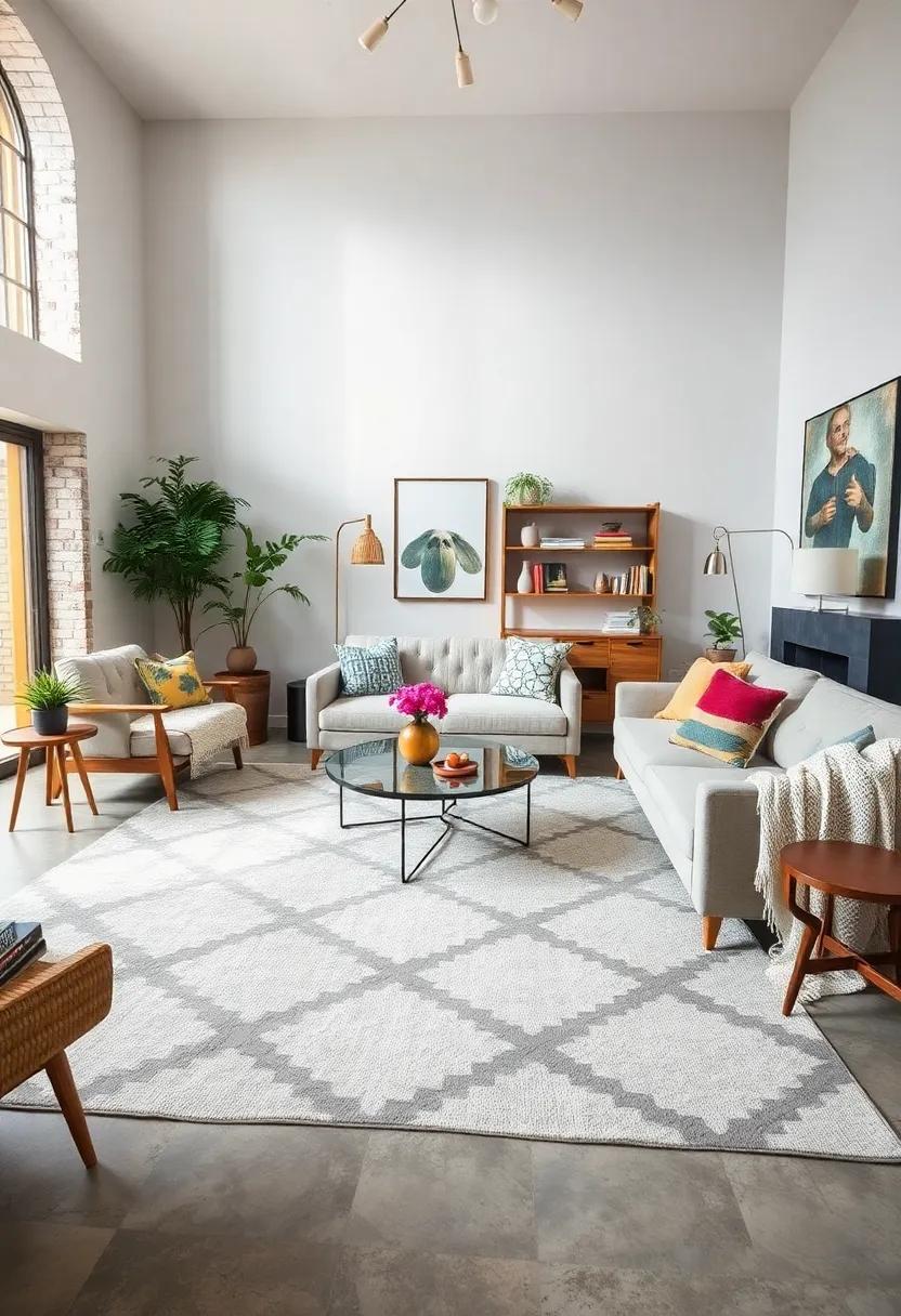 Mixing Geometric Mid-Century Rugs With Layered Vintage Throws To Enrich Living Room Ambiance