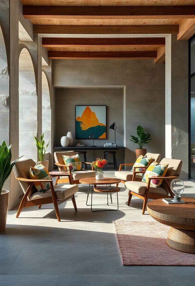 Fusing Streamlined Mid-Century Chairs With Patchwork Eclectic Cushions For Diverse Seating Appeal