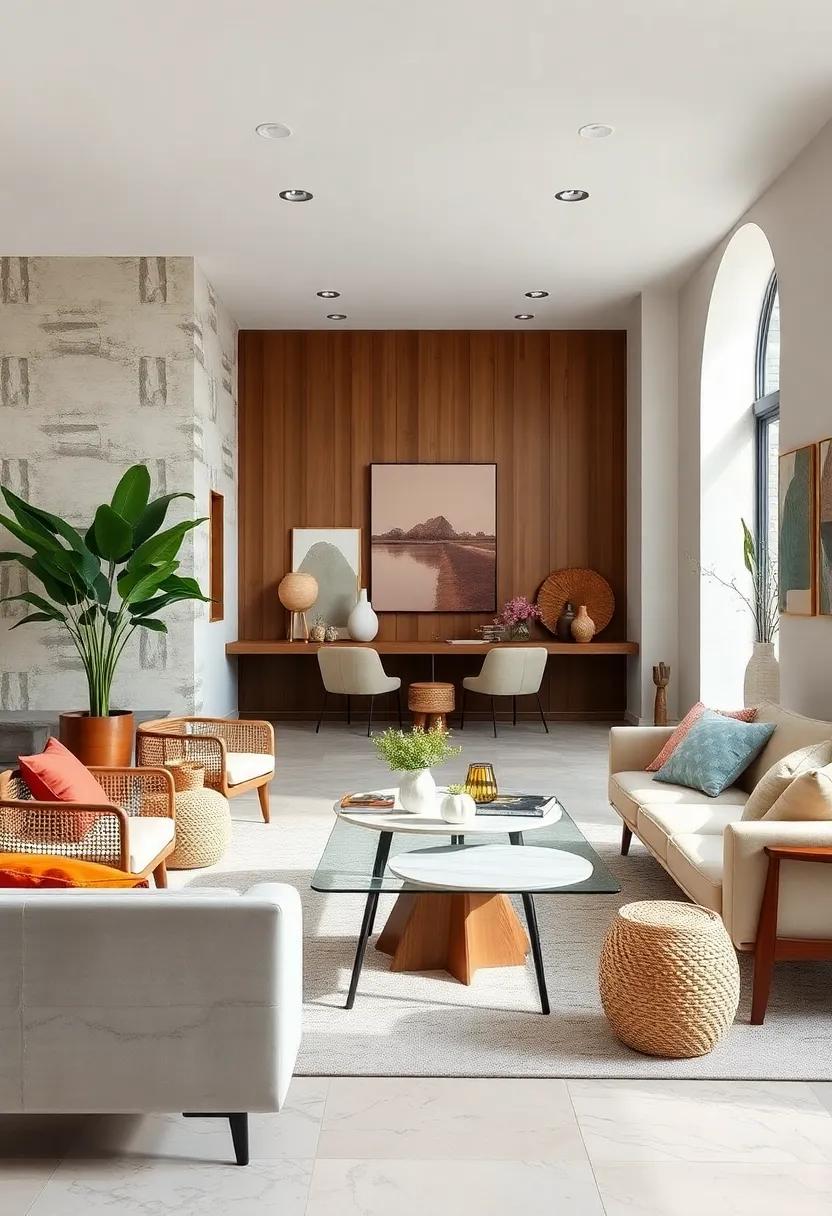 Combining Sleek Mid-Century Tables With Eclectic Handwoven Baskets For Functional Artistry