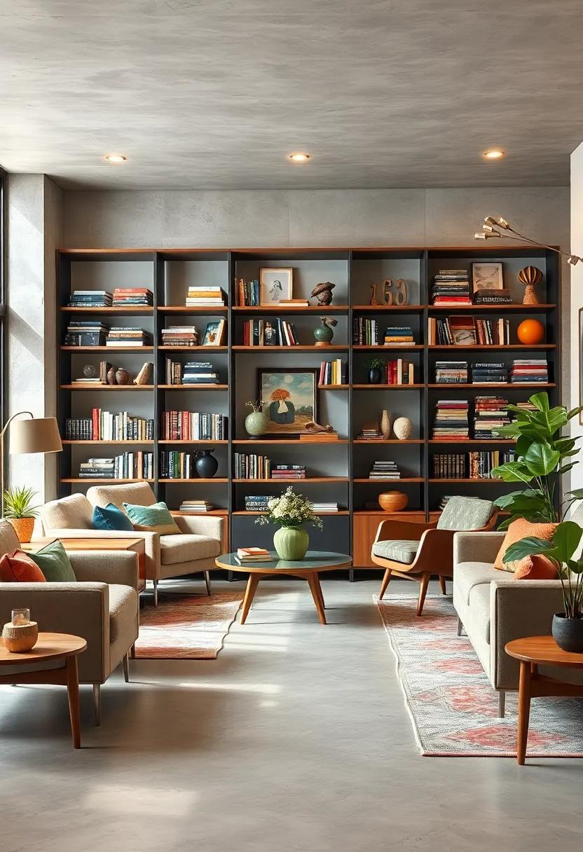 Showcasing Mid-Century Minimalist Shelving Framed By Eclectic Stacks Of Books And Oddities