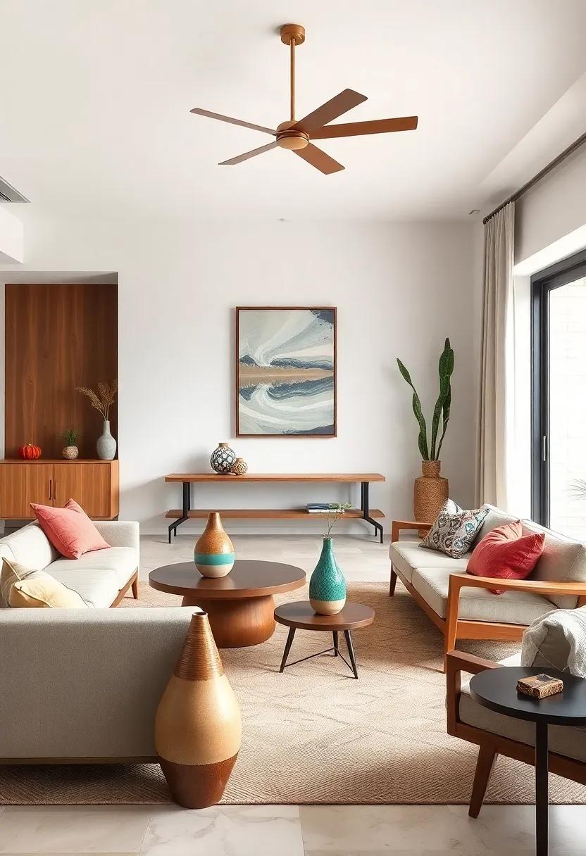 Incorporating Earthy Mid-Century Ceramic Vases Alongside Bold Eclectic Mosaic Decorative Pieces