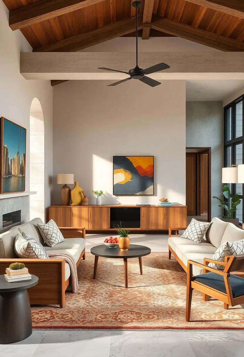 Layering Textural Contrast By Mixing Smooth Mid-Century Wood Finishes With Rustic Eclectic Fabrics