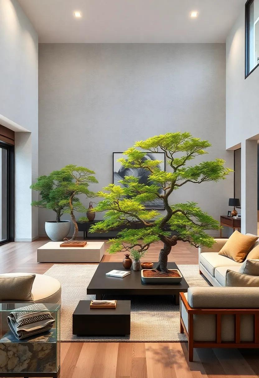 Incorporation Of Indoor Bonsai Trees For A Touch Of Nature And Symbolism In A Modern Living Room