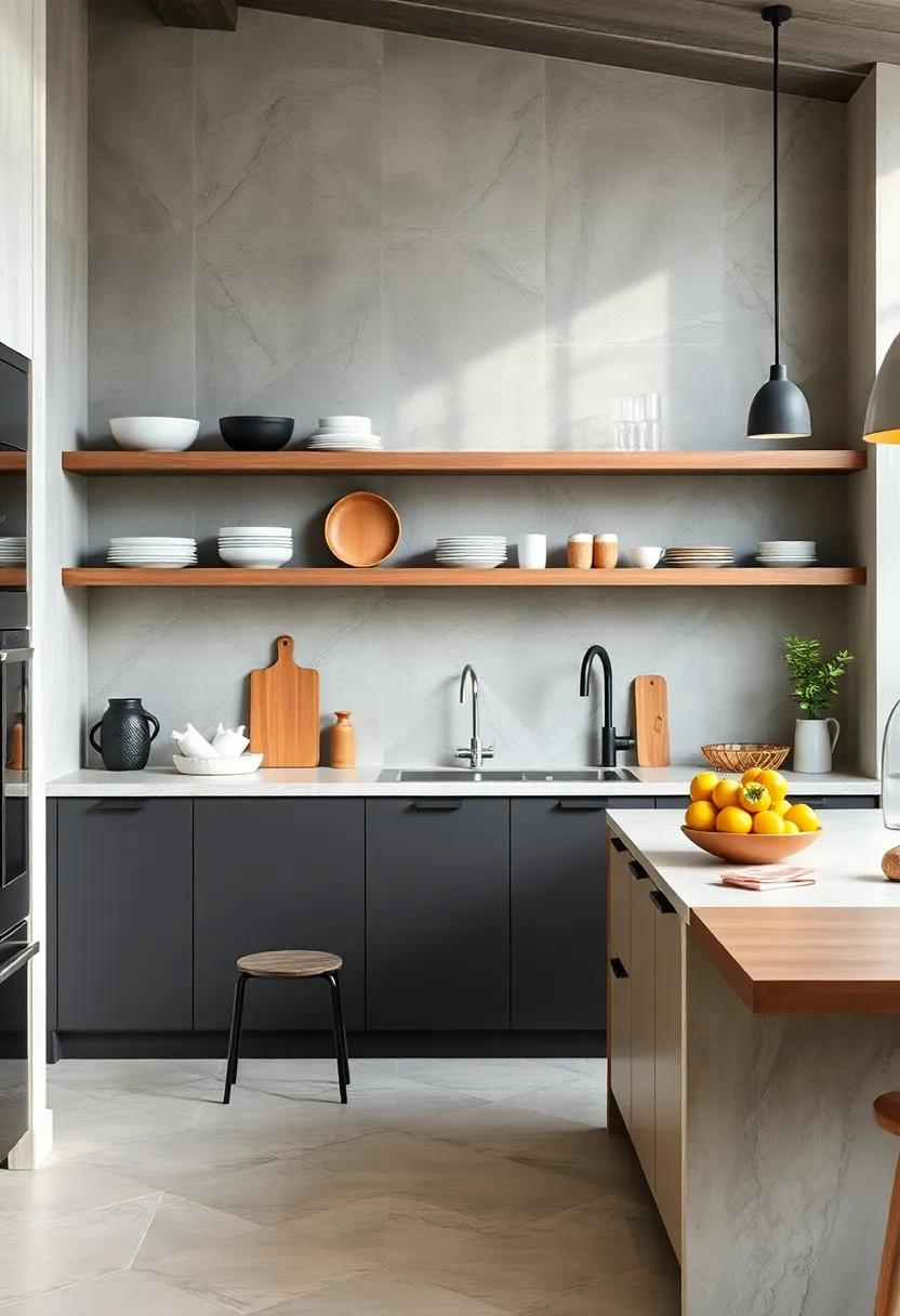 Incorporate concrete shelves for a minimalist storage⁤ solution that showcases your kitchenware beautifully