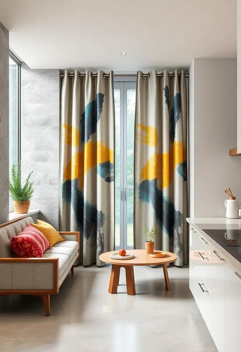 Curtain Panels Featuring Abstract Artistic Prints That Double as Functional Kitchen Decor