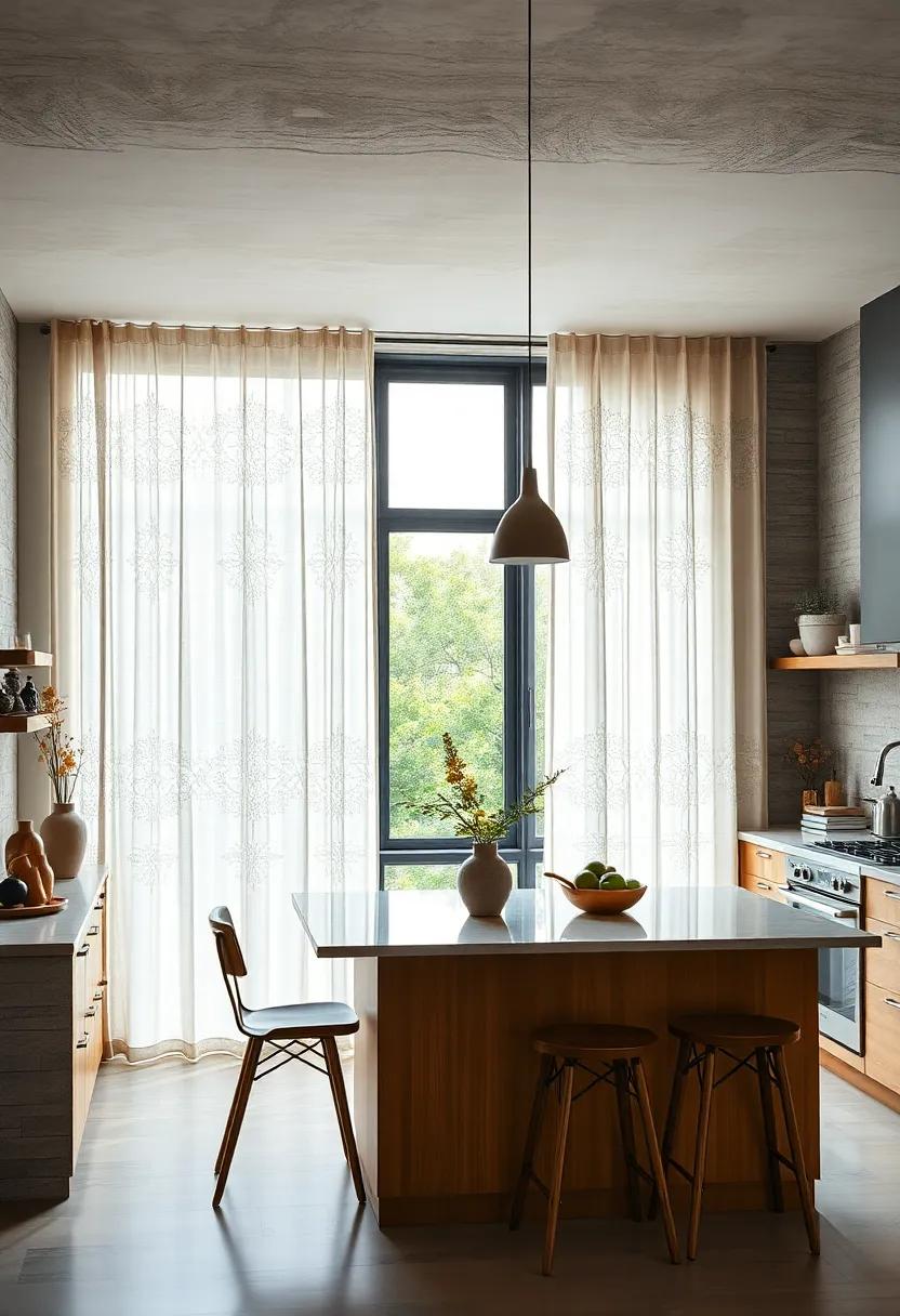Curtains Decorated with Delicate Lace Insets Adding Romantic Flair to Stark Contemporary Kitchens