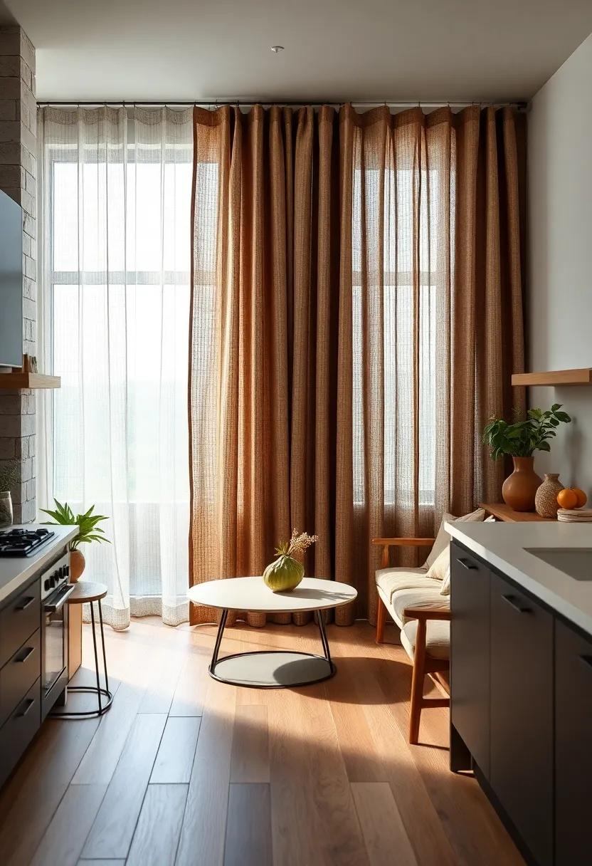 Earthy Tones and Raw Textures in Kitchen Curtains Promoting a Grounded, Organic Feeling