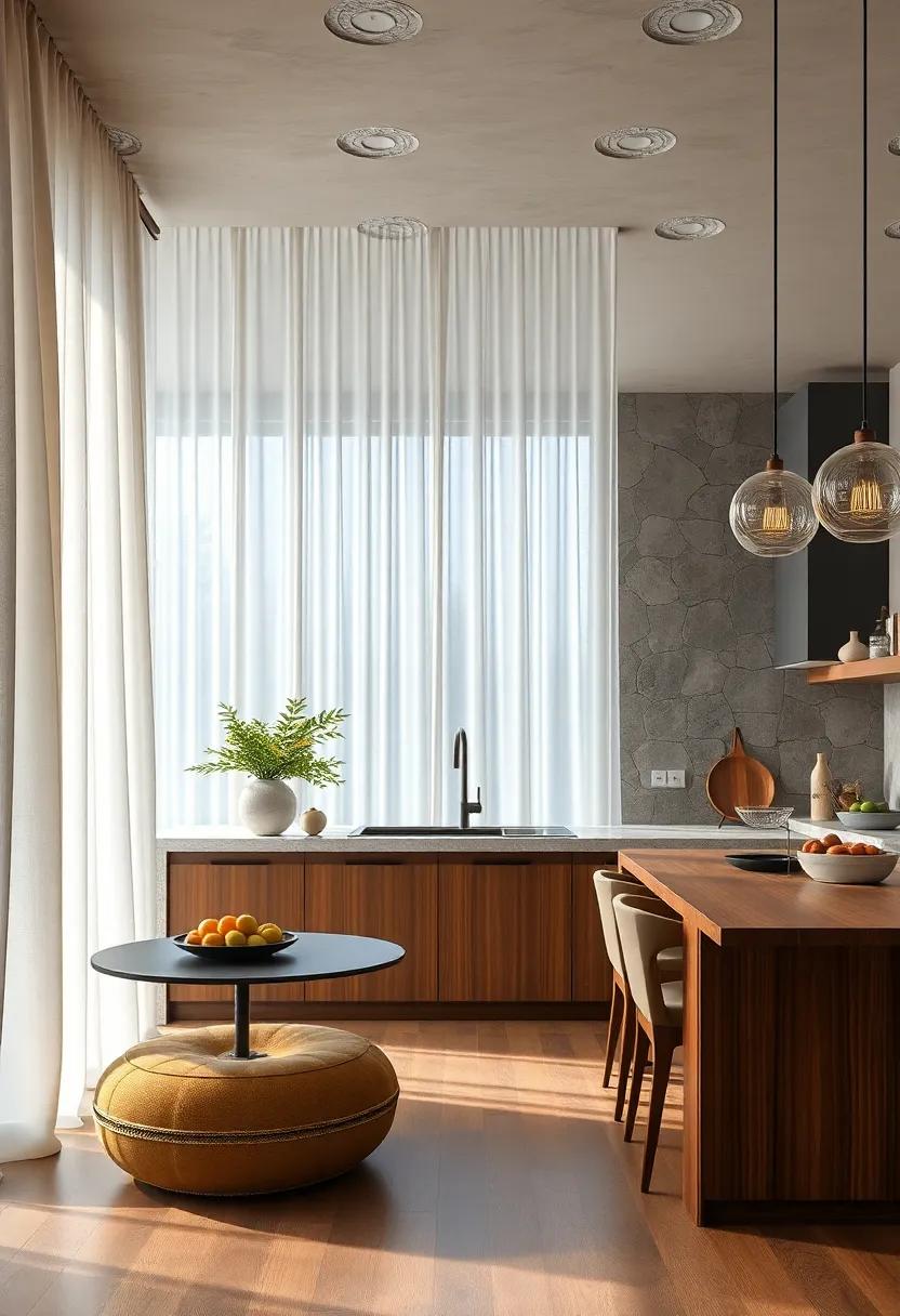 Flowing Silk Curtains Contributing Timeless Luxury Despite the Kitchen's Functional Nature
