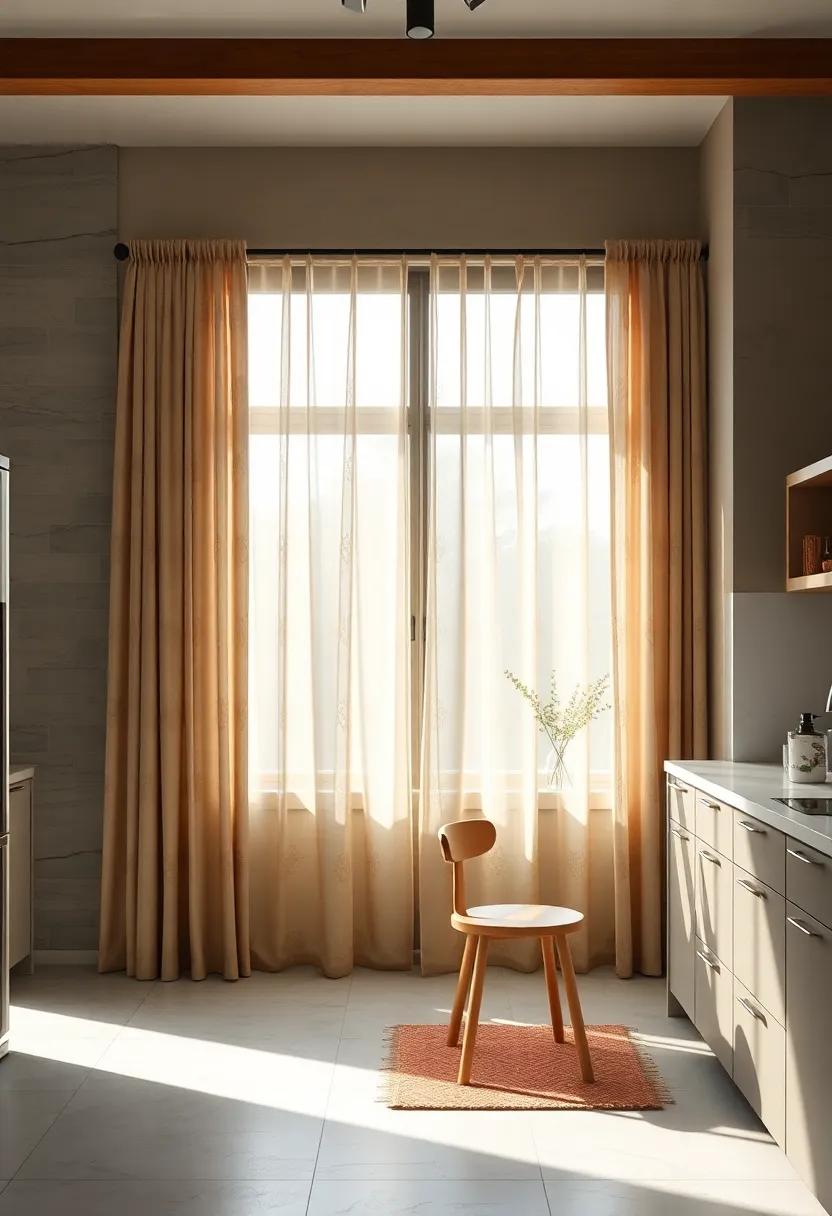 Layered Curtain Designs Blending Sheer Fabrics with Subtle Patterns to Soften Kitchen Light