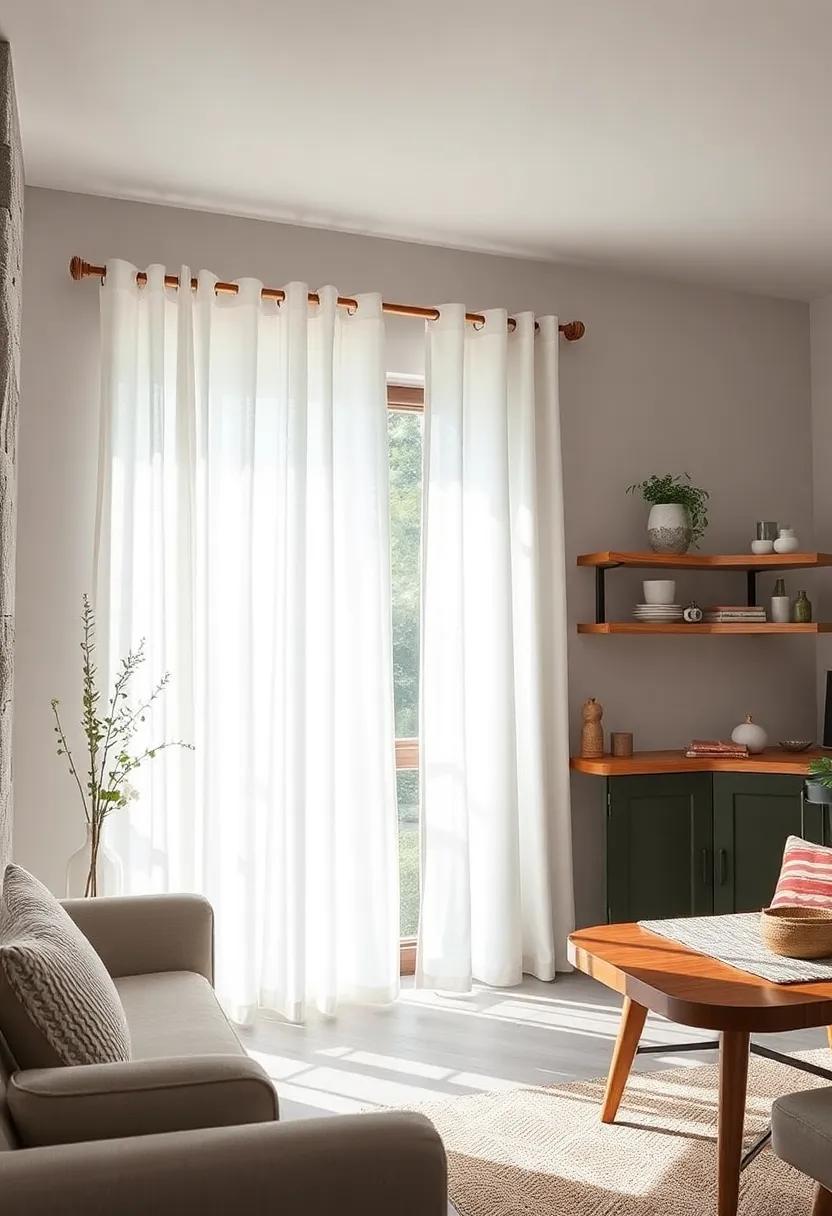 Sheer White Curtains Paired with Natural Wooden Rods for a Rustic Yet Refined Look