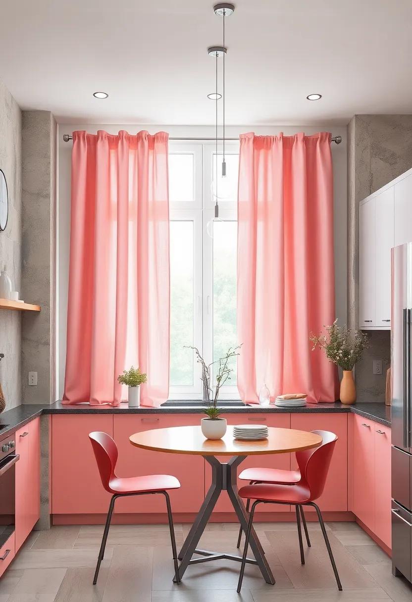 Soft Pastel Curtains Complementing Bright Kitchen Cabinets for a Harmonized Color Palette