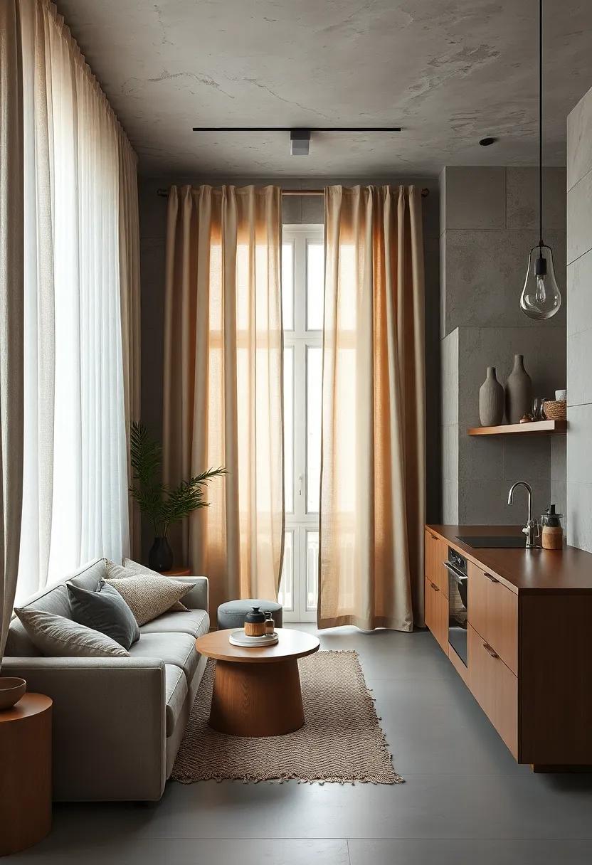 Textured Linen Curtains in Neutral Tones Adding Depth and Warmth to Urban Kitchen Settings