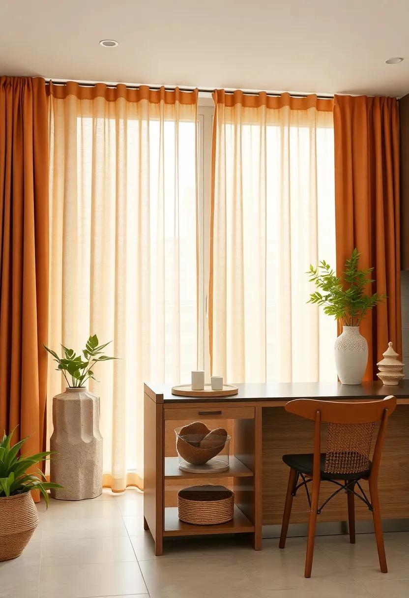 Warm Toned Curtains Combining Velvet and Cotton for a Cozy Yet Chic Kitchen Environment