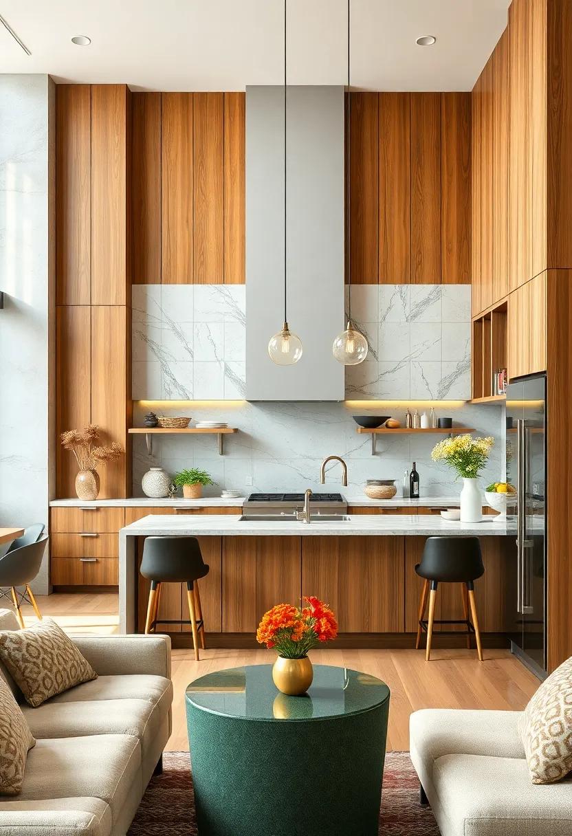 The Allure of Warm Wood Paneling Against Sleek Glass Backsplash and Pendant Lighting