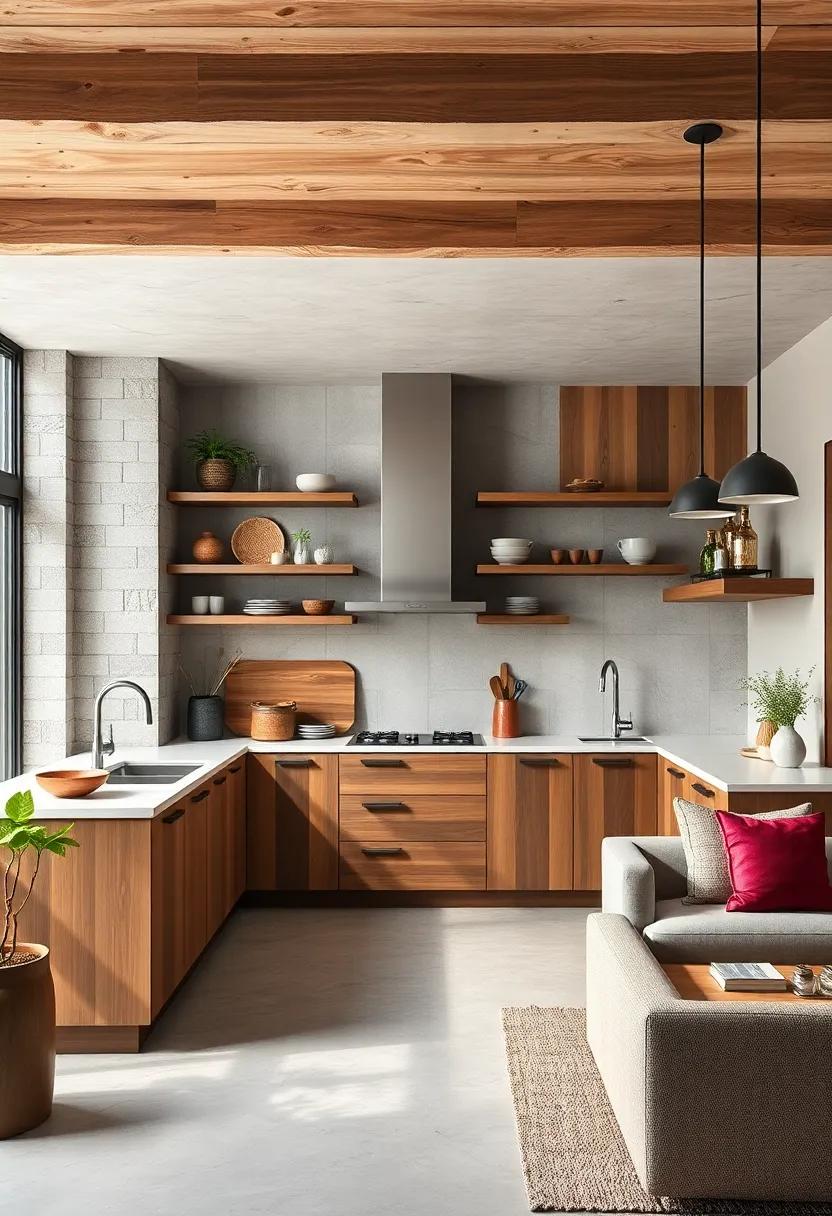 Artisanal Wood Accents Complementing Open Shelving and Industrial Kitchen Fixtures