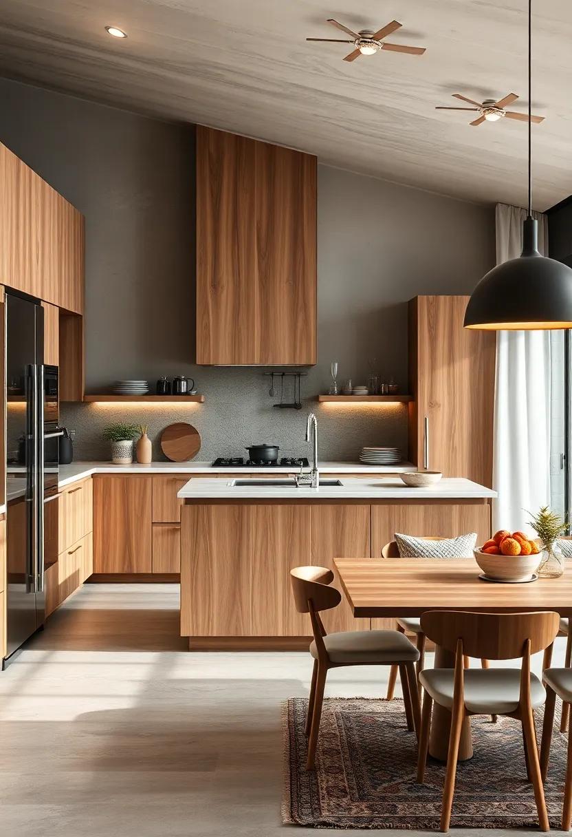 Elevating Kitchen Ambiance with Rich Natural Wood Textures and Soft Ambient Lighting