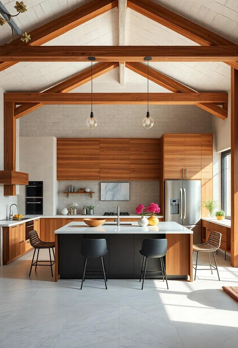 Rustic Wooden Beams Contrasted with Glossy Modern Surfaces for Balanced Visual Appeal