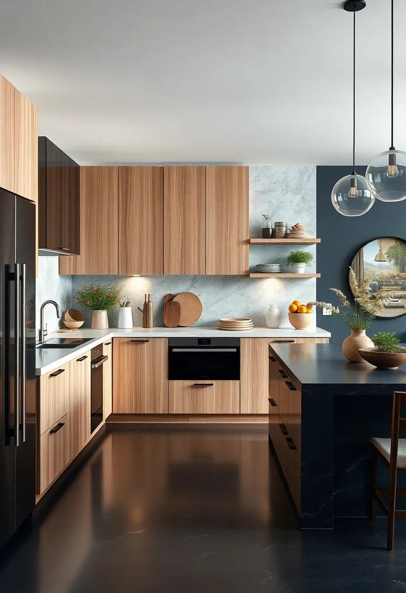 Sophisticated Contrast of Light Wood Cabinets Against Deep Charcoal Countertops and Floors