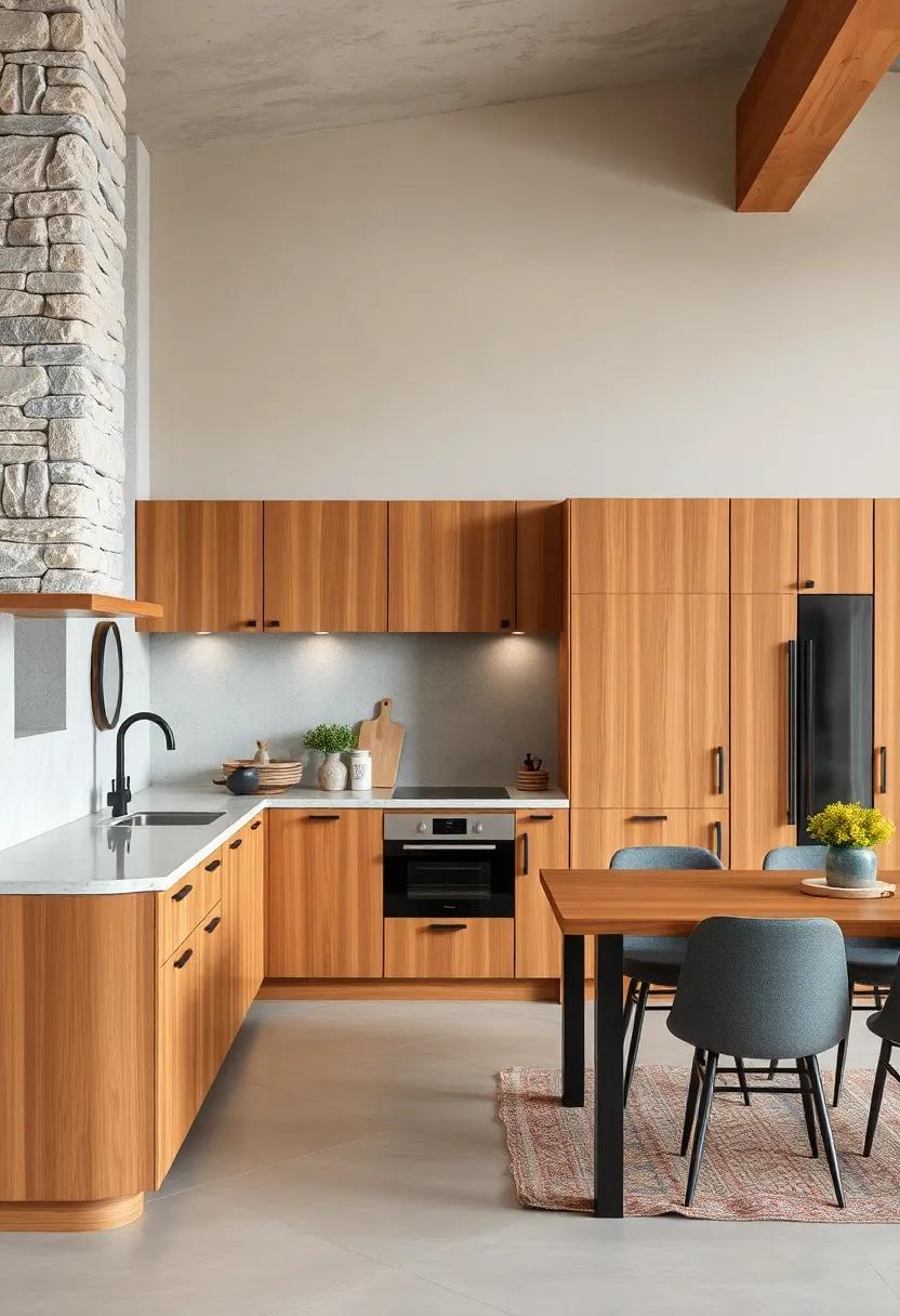 Warm Wood Cabinetry Intersecting with Matte Black Fixtures for a Bold Modern Statement