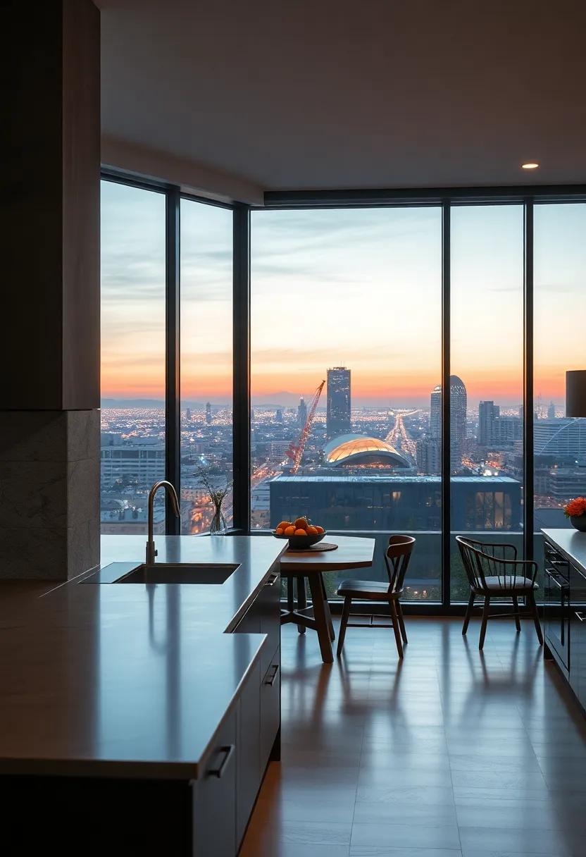 Capturing Evening Glows and City Lights Through Floor-Height Windows Bridging Kitchen and Nightscape