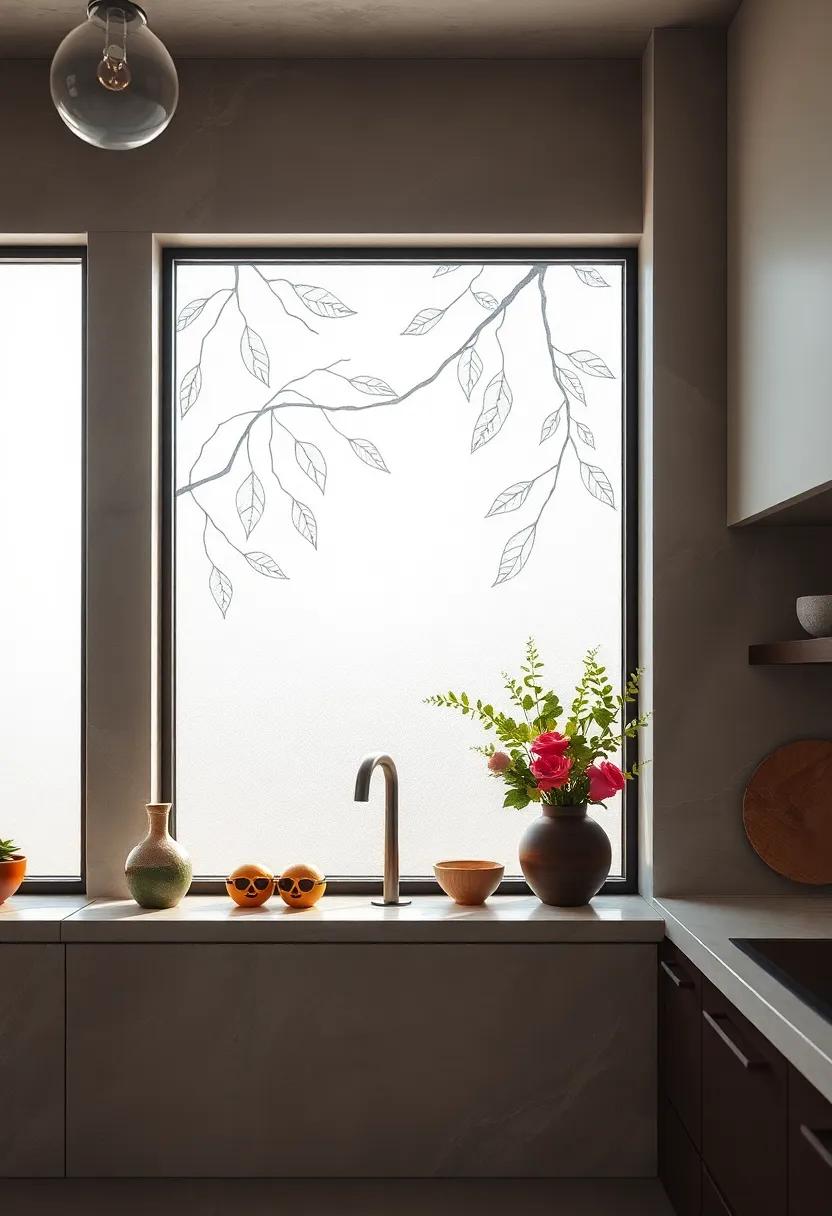 Highlighting Artistic Window Panes Featuring Custom Etching That Celebrate Kitchen Life and Light
