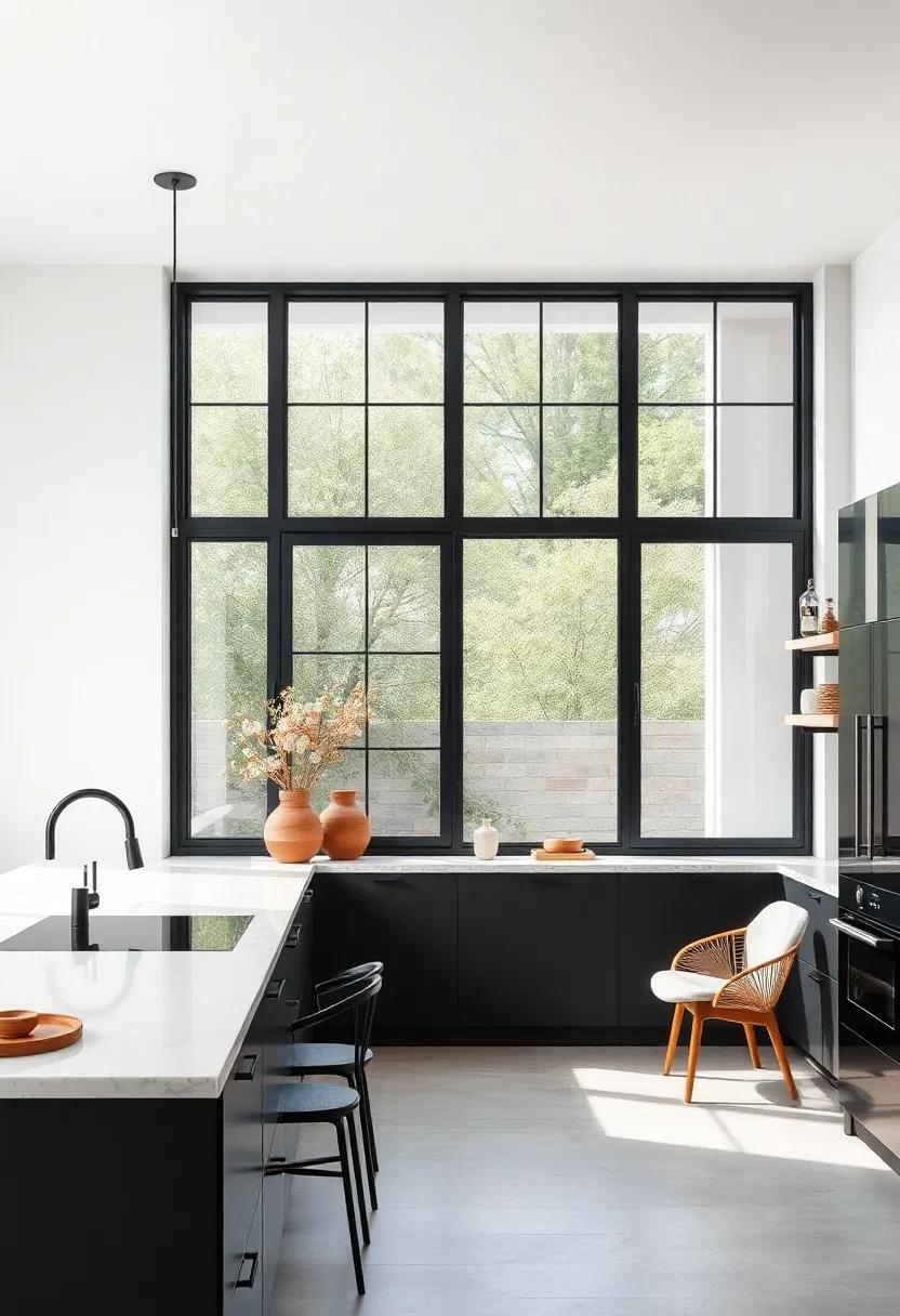 Showcasing the Harmony Between Matte Black Window Frames and Crisp White Kitchen Interiors