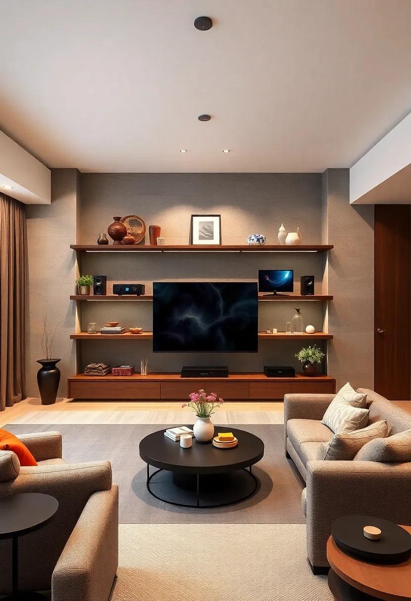 Elevate Your Home Theater Ambiance With Sleek Floating Shelves Showcasing High-End Audio Equipment and Accents