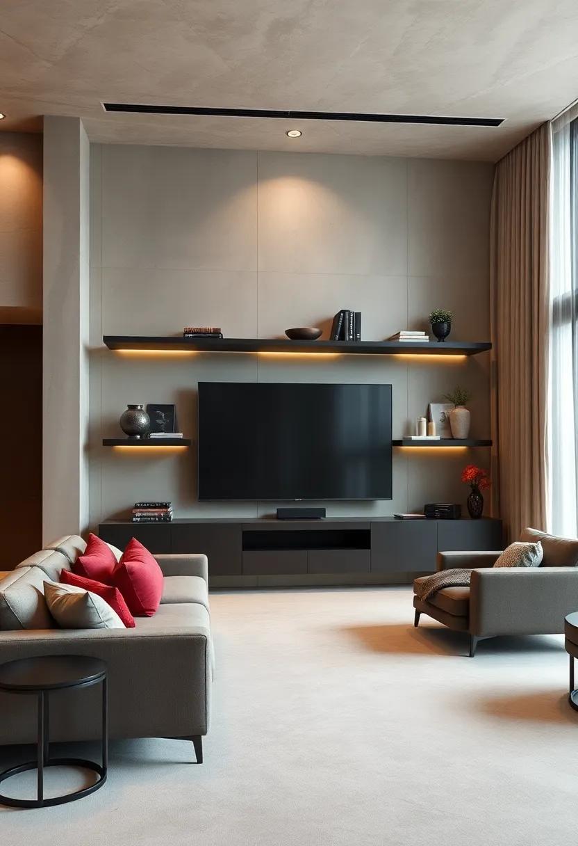 Floating Shelves Emphasizing Monochromatic Color Palettes Paired With Metallic Accents for a Cutting-Edge Theater Vibe