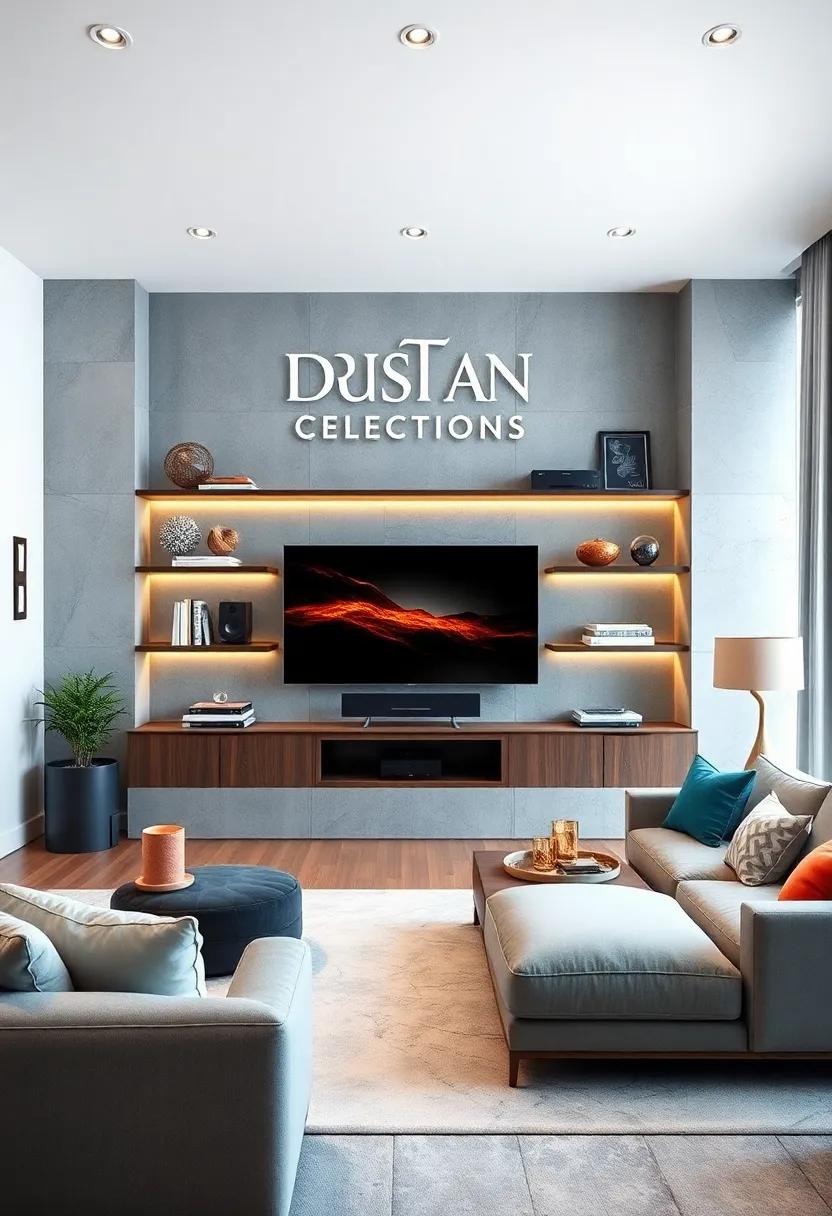 Floating Shelves With Bold Geometric Lines Holding Designer Collectibles and Ultra-HD Equipment in a Contemporary Lounge