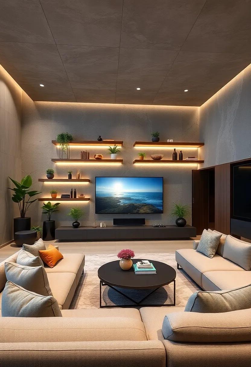 Floating Shelves Bringing Organic Elements Like Indoor Plants and Natural Textures Into Ultra-Modern Movie Rooms
