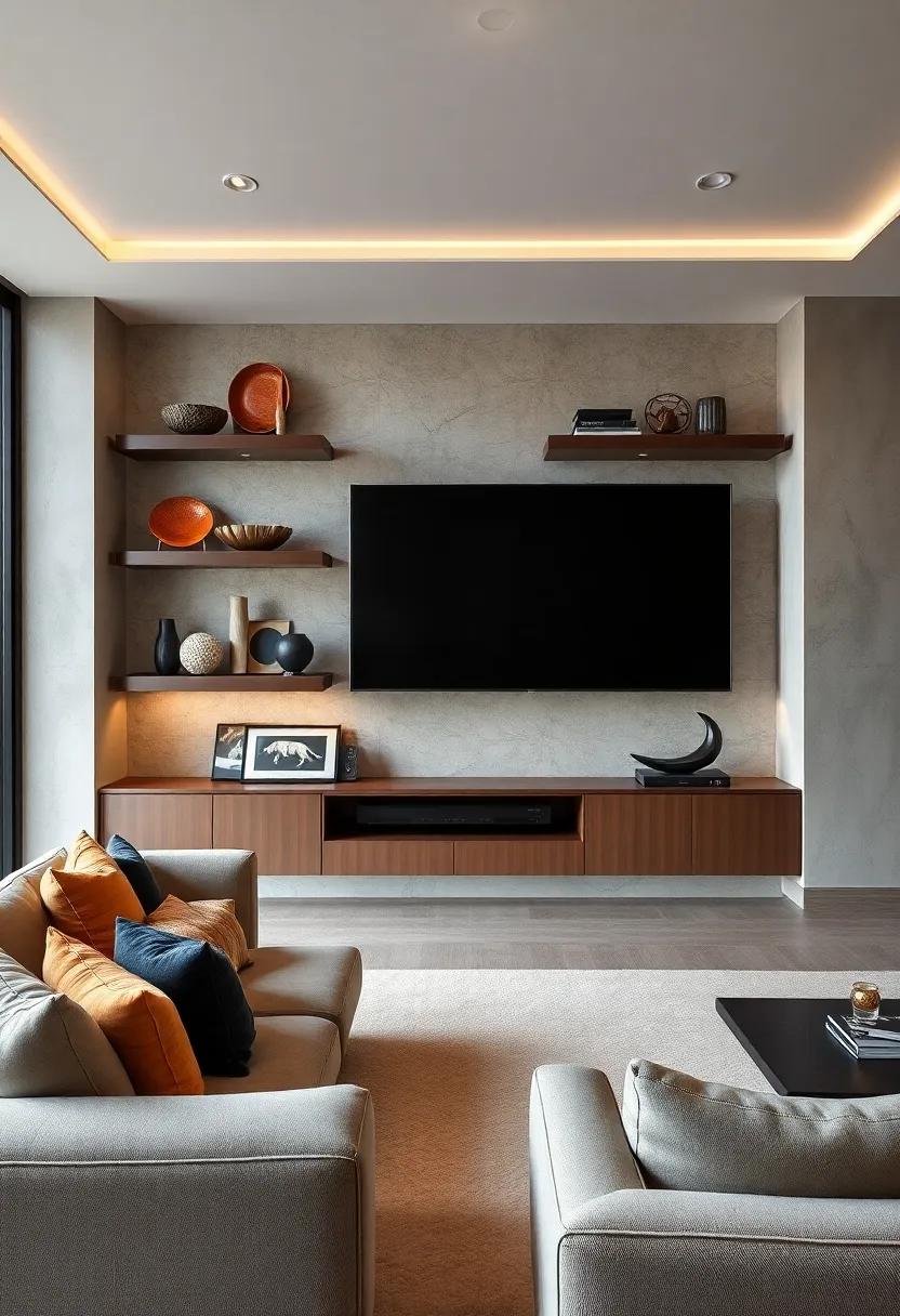 Floating Shelves Featuring Curated Artifacts and Abstract Sculptures Reflecting Cinematic Themes in Sophisticated Interiors