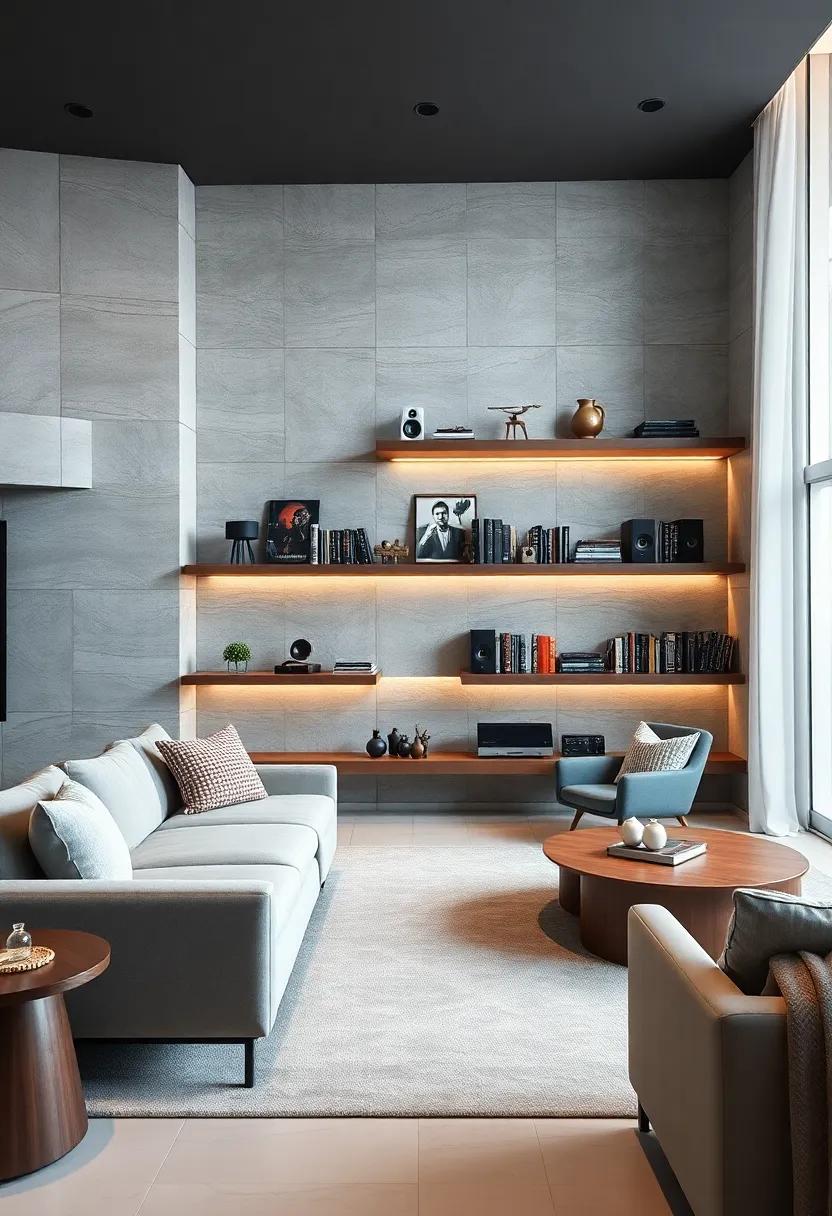 Minimalist Floating Shelf Designs Displaying Curated Designer Speakers and Vintage Film Collections in Modern Theaters