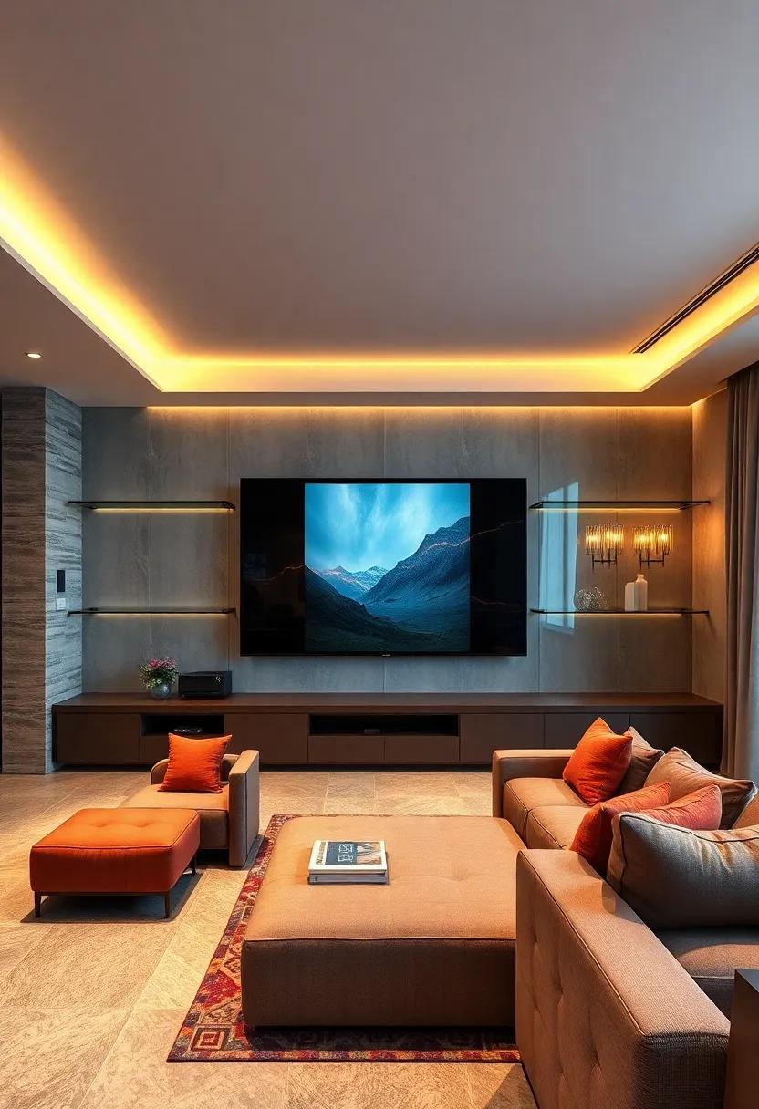 Glass Floating Shelves Capturing Reflections of Cinematic Wall Art and Designer Light Fixtures in a Luxe Home Theater