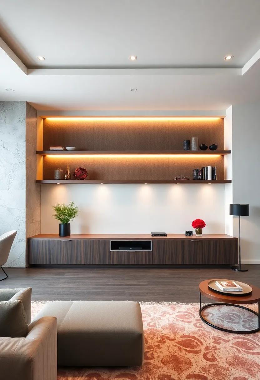 Elegant Floating Shelves Highlighting Designer Acoustic Panels and Sculptural Sound Diffusers in a Luxury Setting
