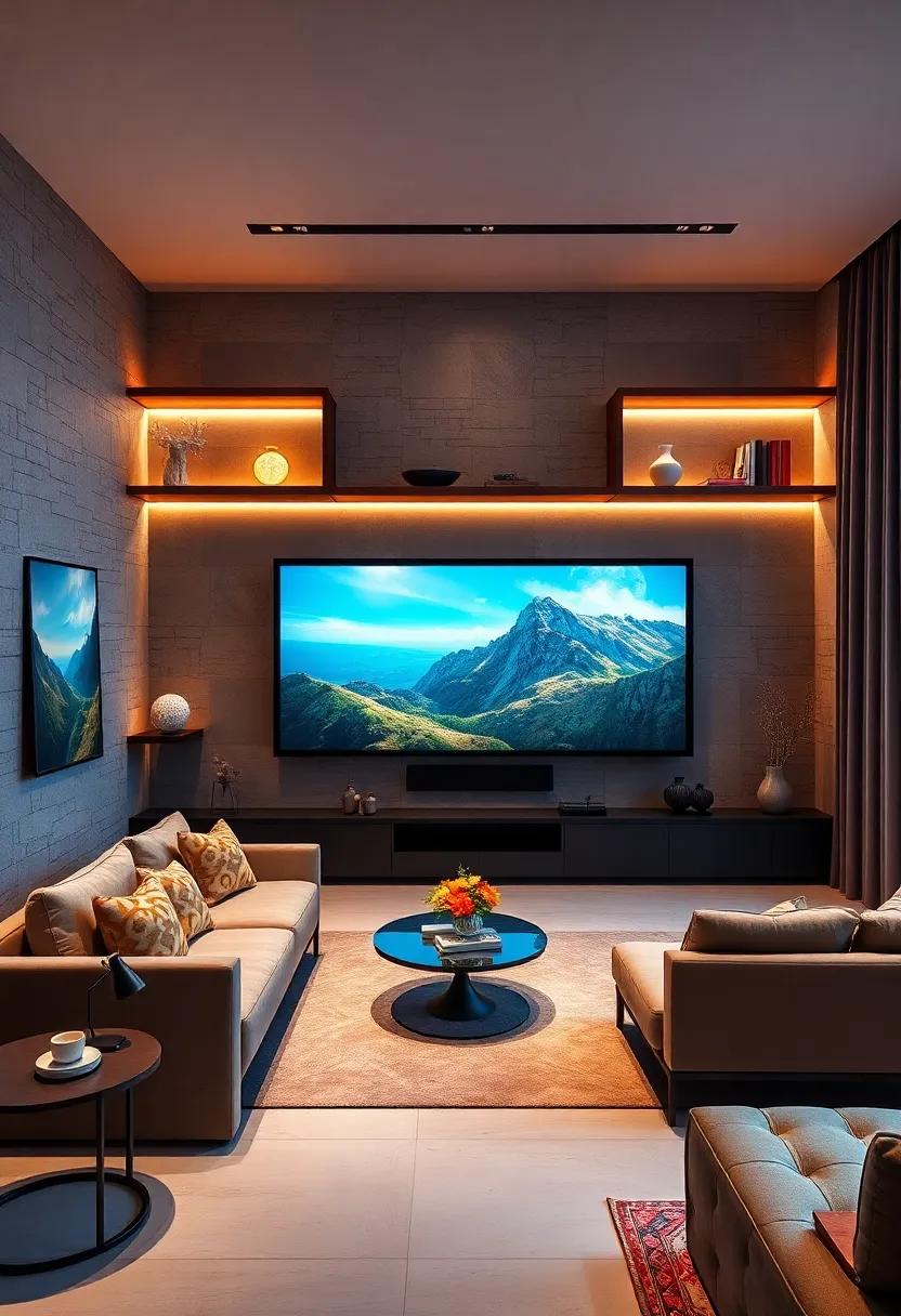 Floating Shelves Showcasing Artistic Lighting Fixtures That Sync with Movie Scenes in a High-End Home Theater Design
