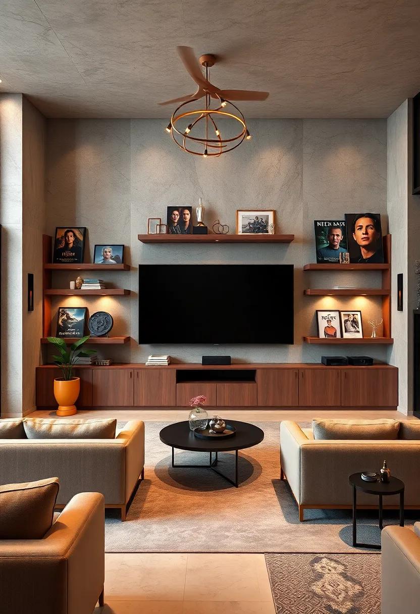 Floating Shelves Framing Ultra-Wide Screens with Ambient LED Backlighting for an Immersive Viewing Experience