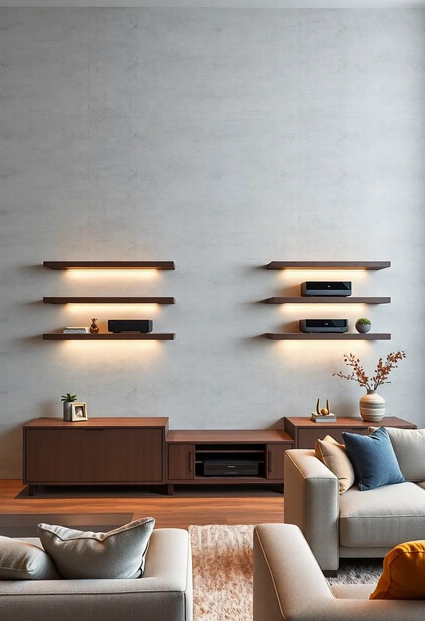 Symmetrical Floating Shelves Hosting Subtle Mood Lighting and Premium Streaming Devices Against Matte Textured Walls