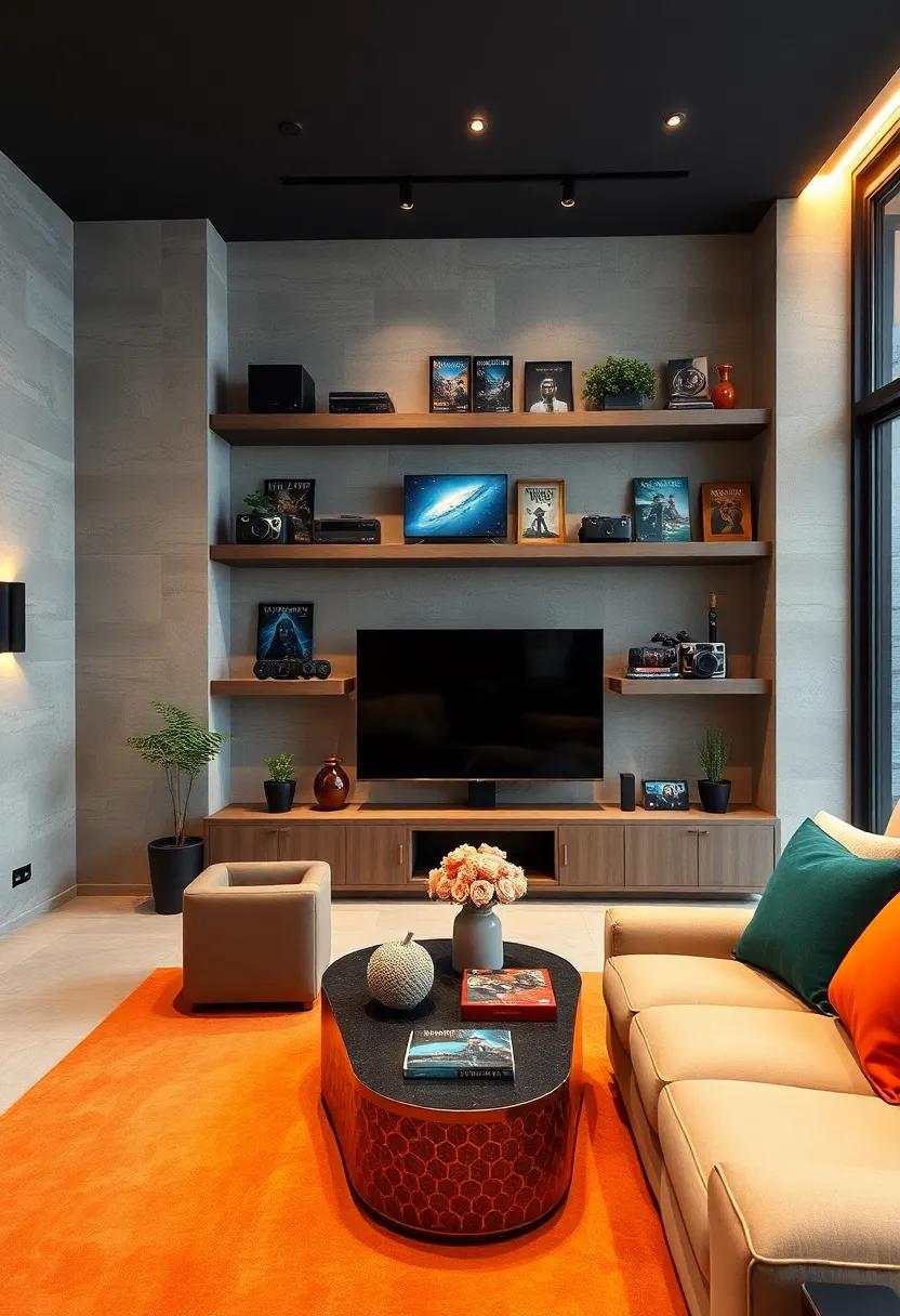 Floating Shelves Neatly Organizing High-Tech Gadgets and Vintage Movie Memorabilia in a Modern Luxury Theater Setting