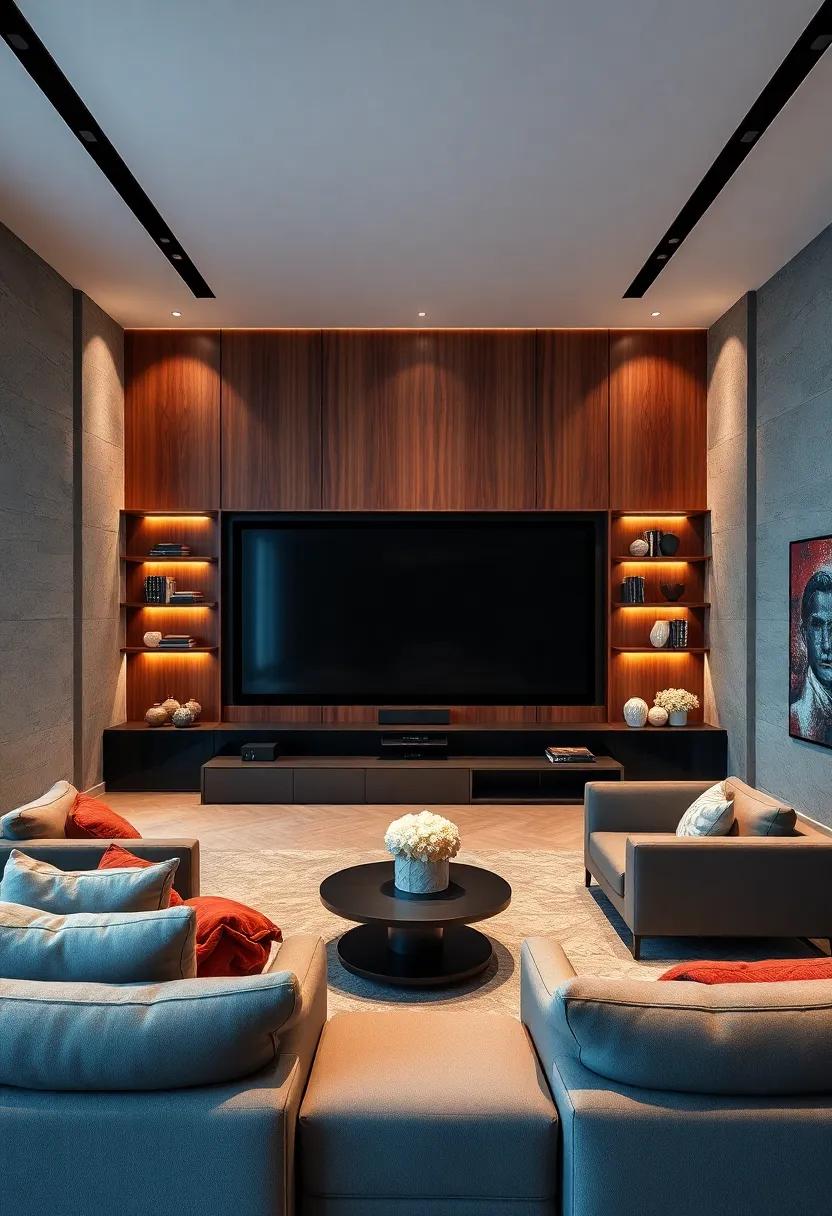 Timeless Floating Shelves in Rich Walnut and Black Lacquer Surrounding a Giant Cinema Screen with Plush Seating