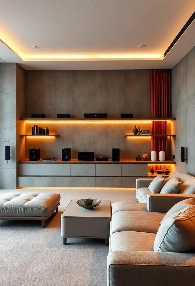 Underlit Floating Shelves Casting Warm Light on Premium Sound Systems and Velvet Drapes for a Cozy Viewing Atmosphere