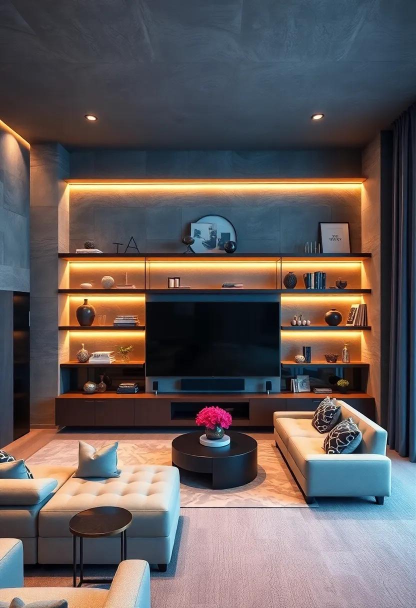 Layered Floating Shelves Combining Open Storage and Ambient Décor to Create Depth in Exclusive Home Theater Rooms
