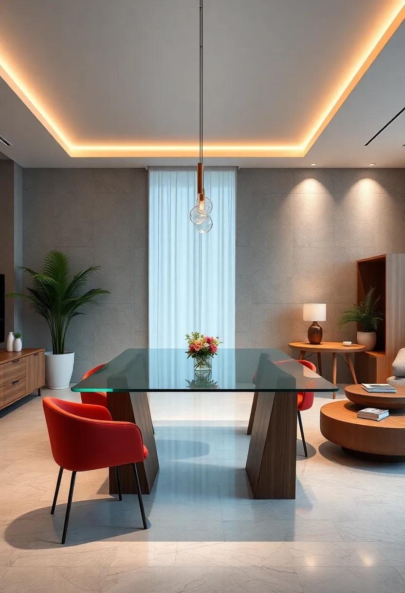 Floating Desk Concepts with Transparent and Reflective Surfaces Enhancing Office Ambiance