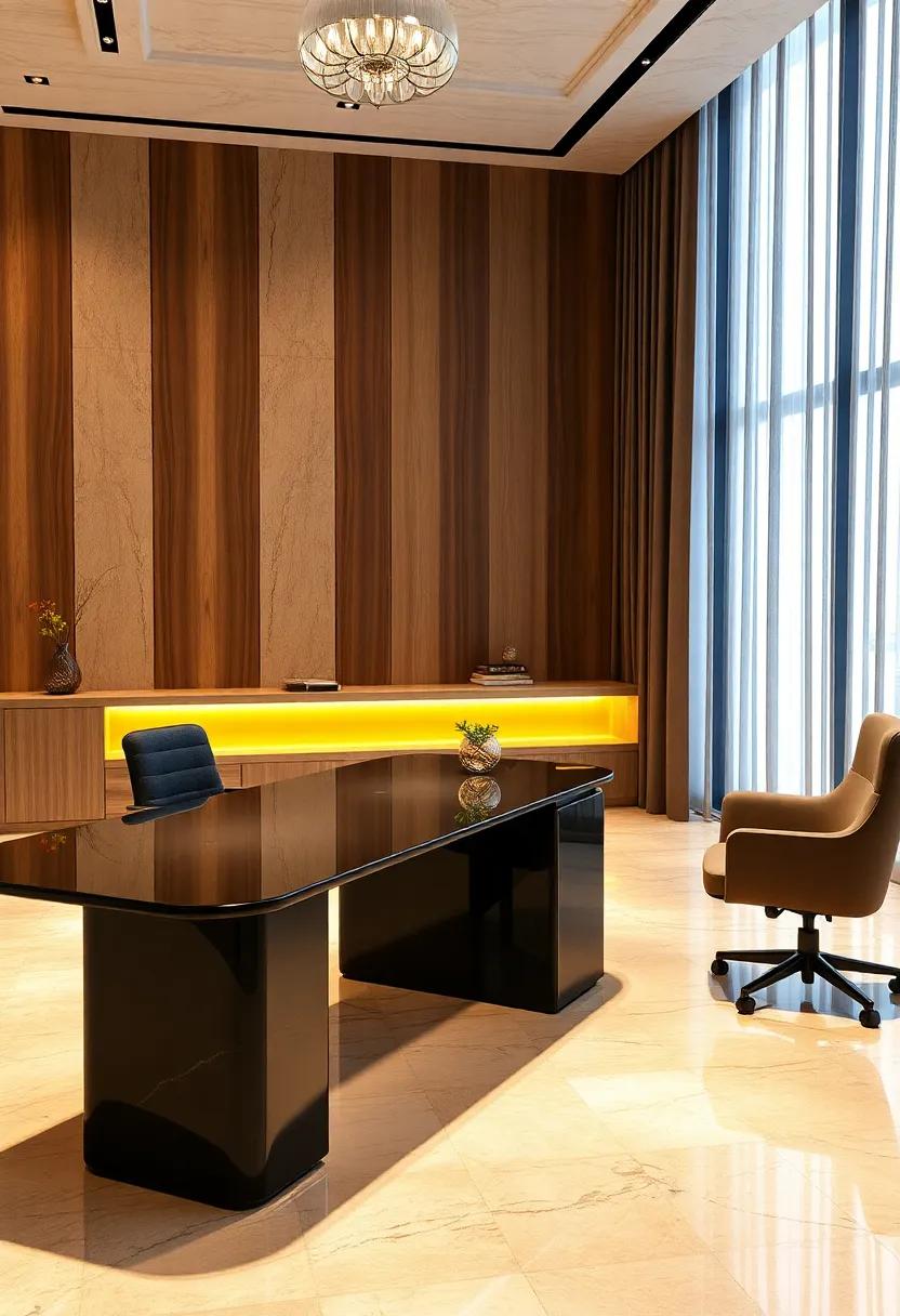 High-Gloss Lacquered Desks with Subtle Lighting Effects That Create an Aura of Exclusivity and Refinement