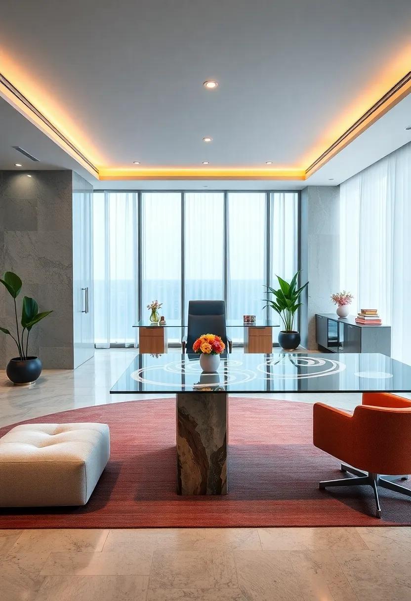 Glass Top Desks with Intricate Underlay Designs Bringing Depth and Artistic Flair to Office Interiors