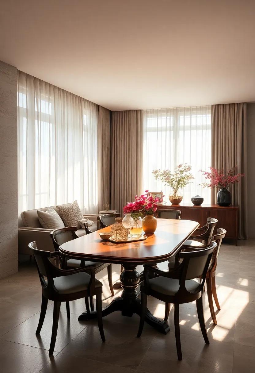 Light Filtering Through Delicate Sheer Curtains Creating Dreamlike Shadows Over Classic Mahogany Dining Tables