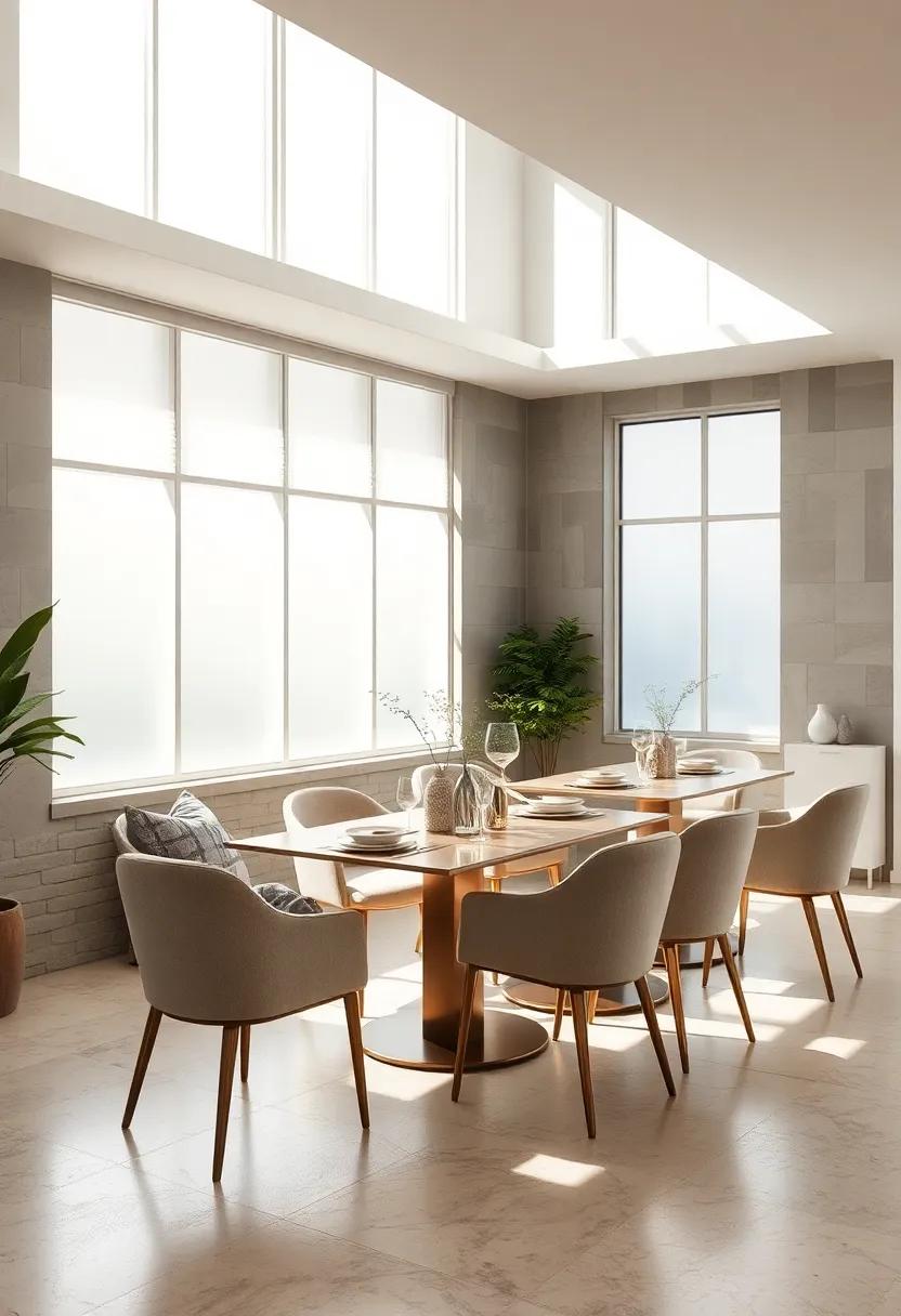 Frosted Glass Panels Diffusing Natural Light Evenly Around Chic, Urban Dining Tables with Metallic Accents