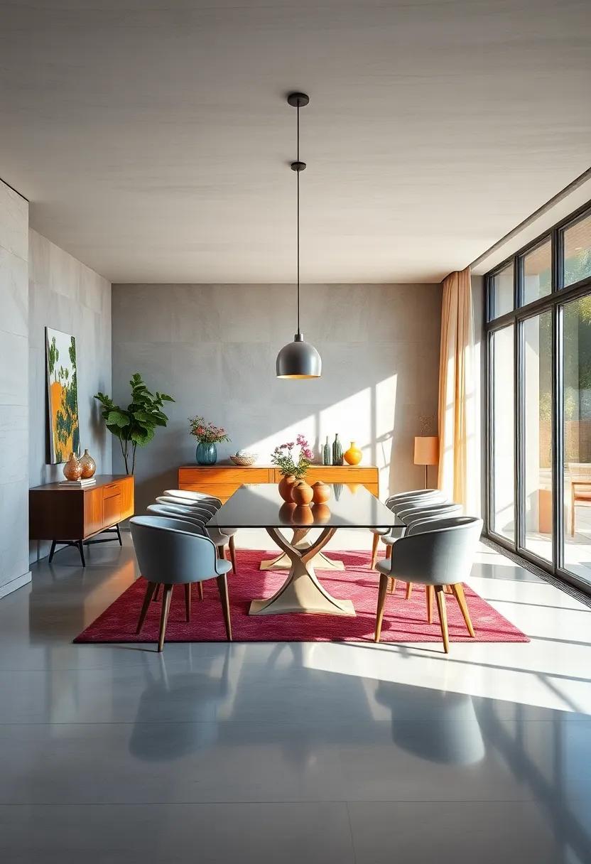 Reflective Surfaces Enhancing Natural Light Flow in Minimalist Dining Rooms with Sleek, Modern Furniture