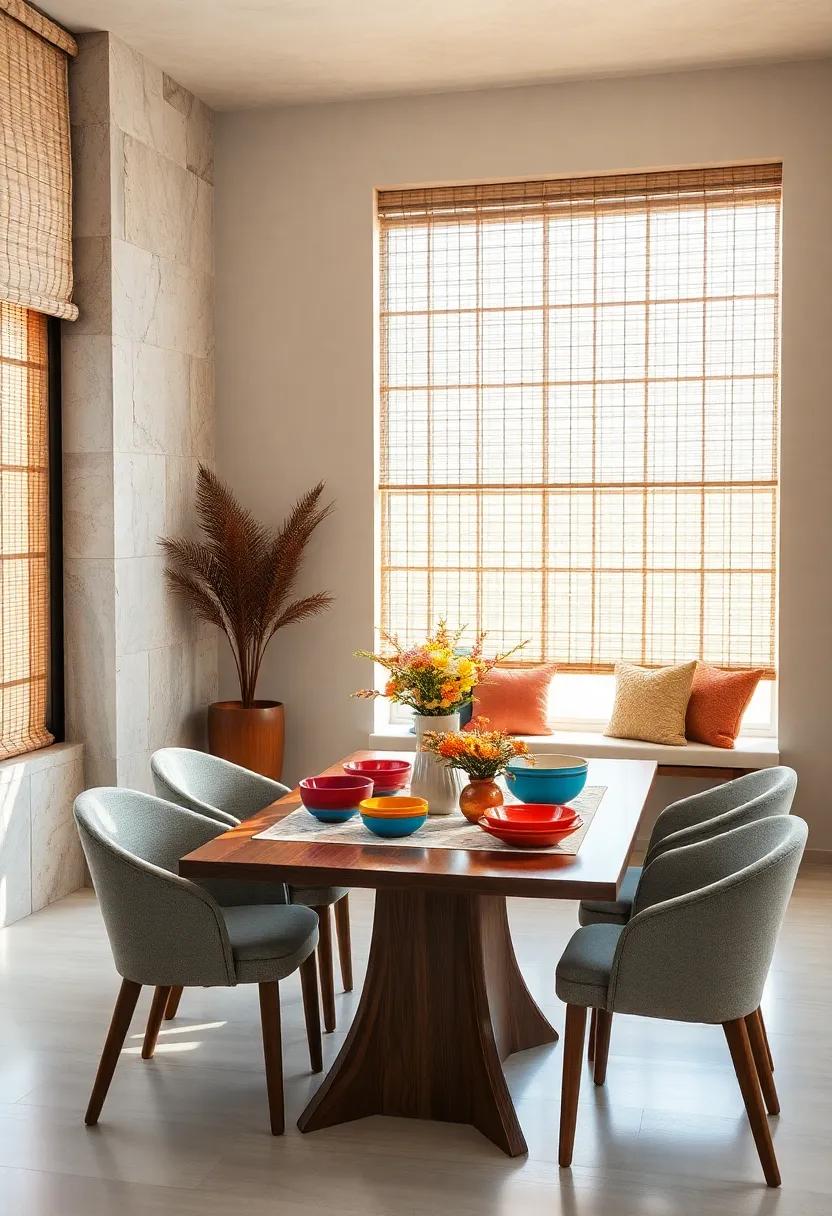 Sunlit Bamboo Blinds Casting Dynamic Patterns Over Colorful Ceramic Dishes and Fresh Blooms on Dining Tables