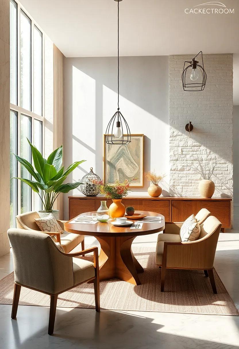 Sun-Drenched Dining Rooms Featuring Textured Fabrics and Organic Shapes Creating a Harmonious Ambiance
